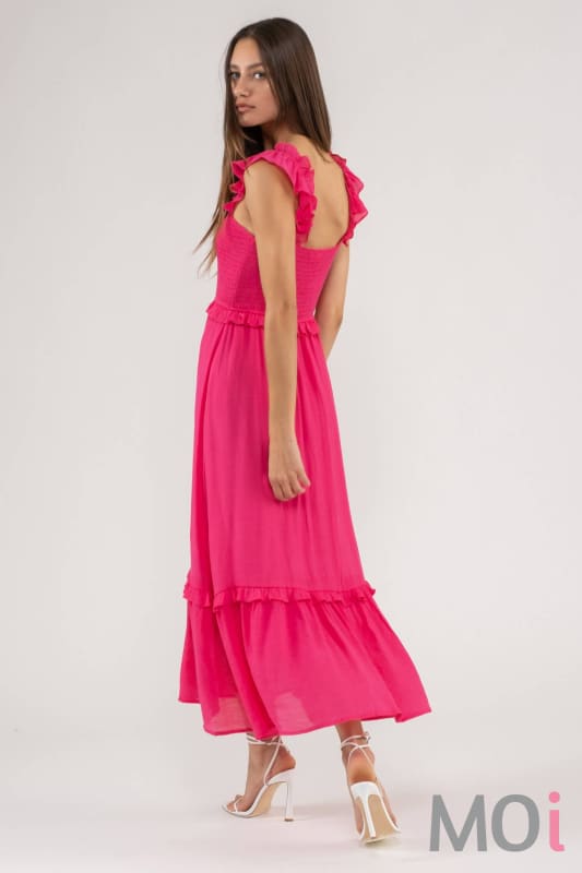 FLUTTER SLEEVE SMOCKED MIDI DRESS