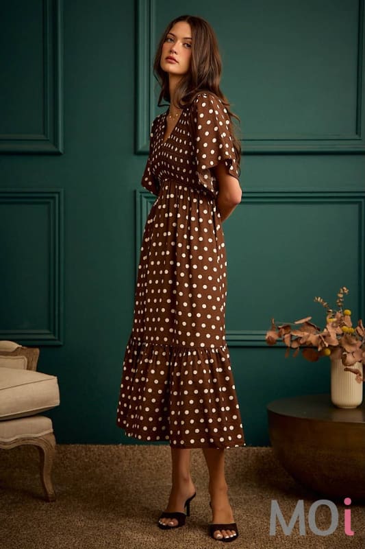 Polka Dot Smocked Bodice Midi Dress