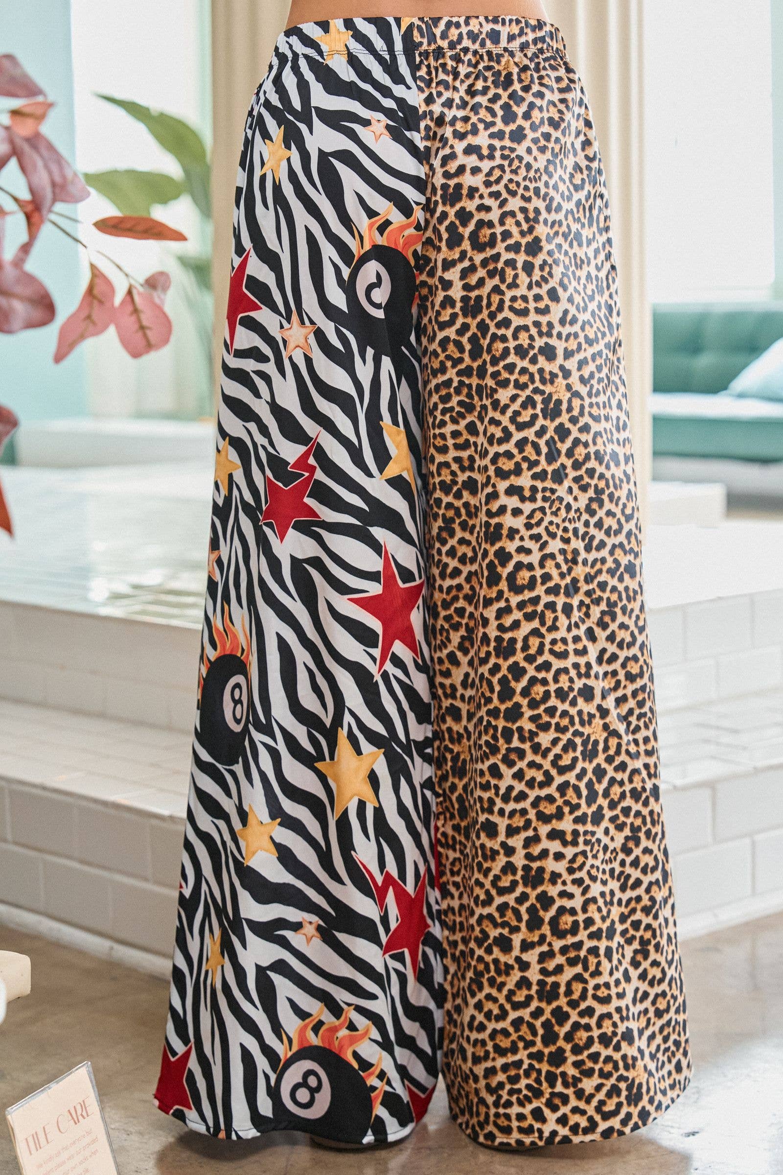 Leopard and Zebra Mixed Print Wide Leg Pants
