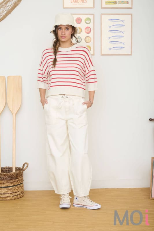 Stripe Raw Edge Drop Shoulder Sweater