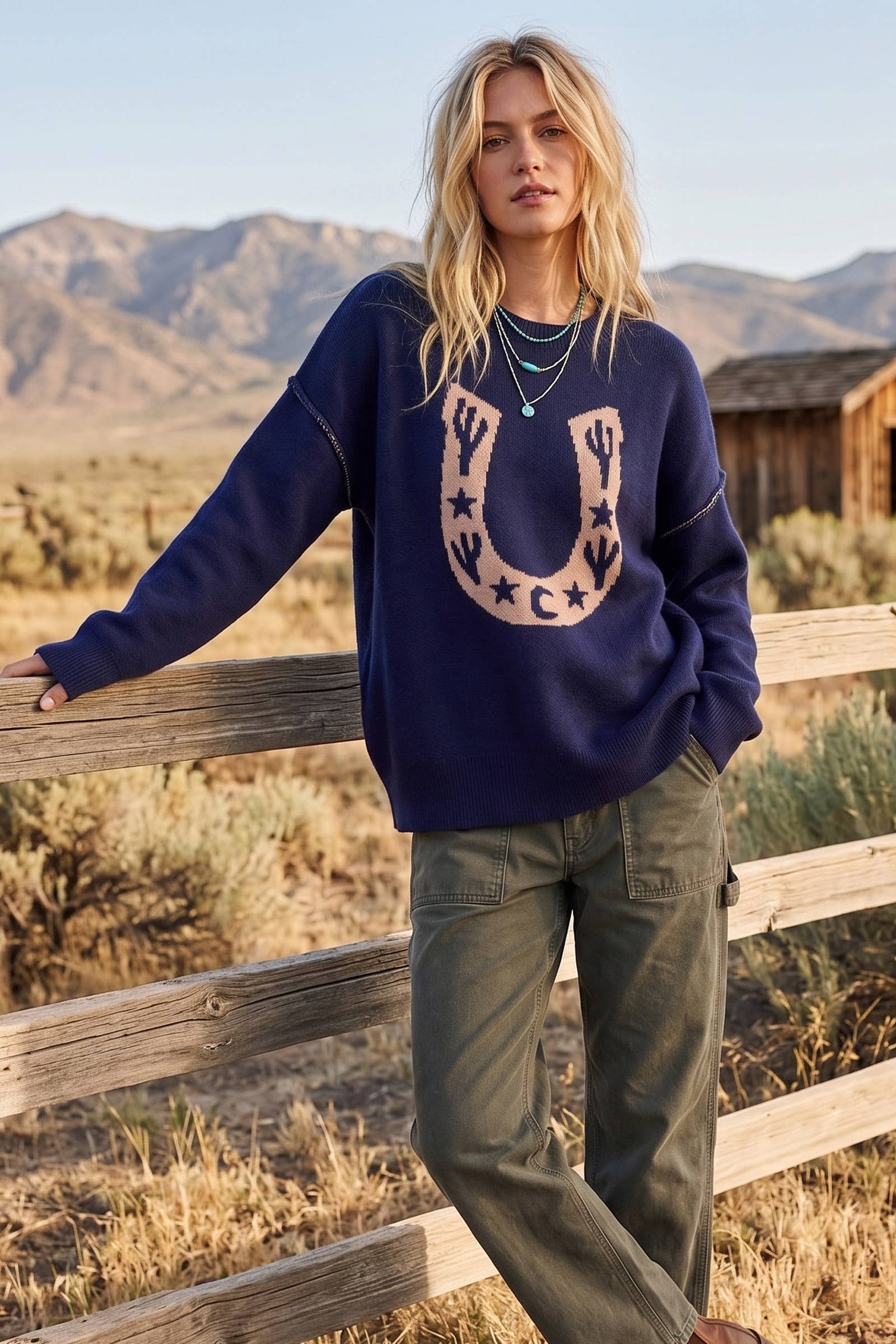 Western Horseshoe Cactus Knit Sweater