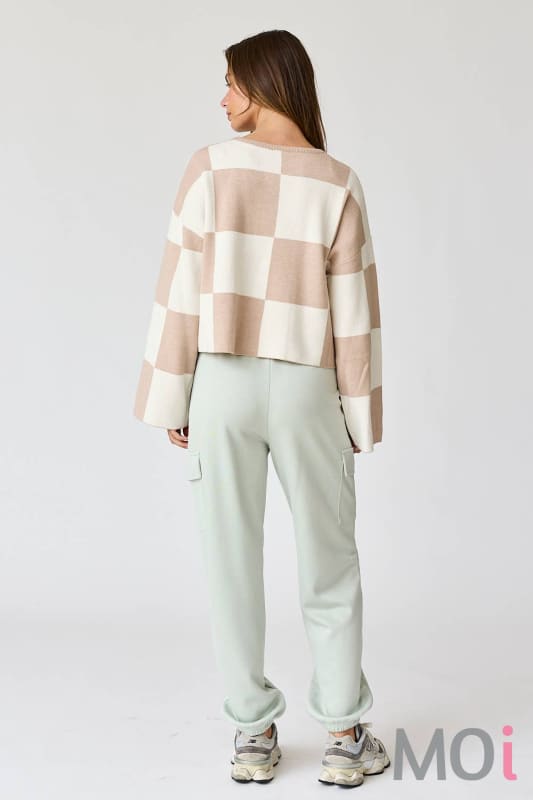 Sarah Round Neck Checkered LS Top