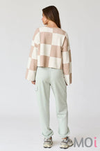 Sarah Round Neck Checkered LS Top