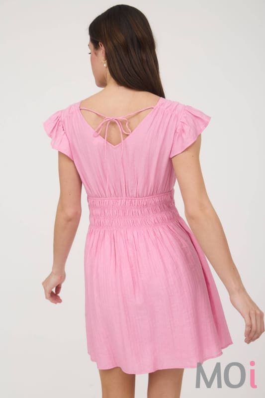 Shirred Waist Ruffle Sleeve Mini Dress