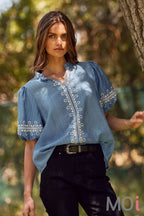 Solid Embroidered Short Bubble Sleeve Blouse