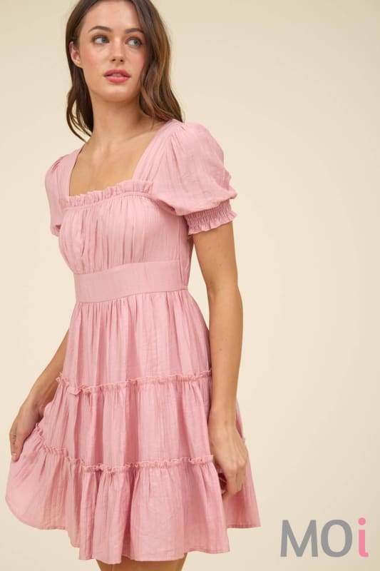 Square Neck Smocked Detail Tiered Mini Dress