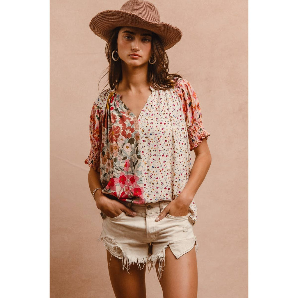 Woven Mixed Print Peasant Top