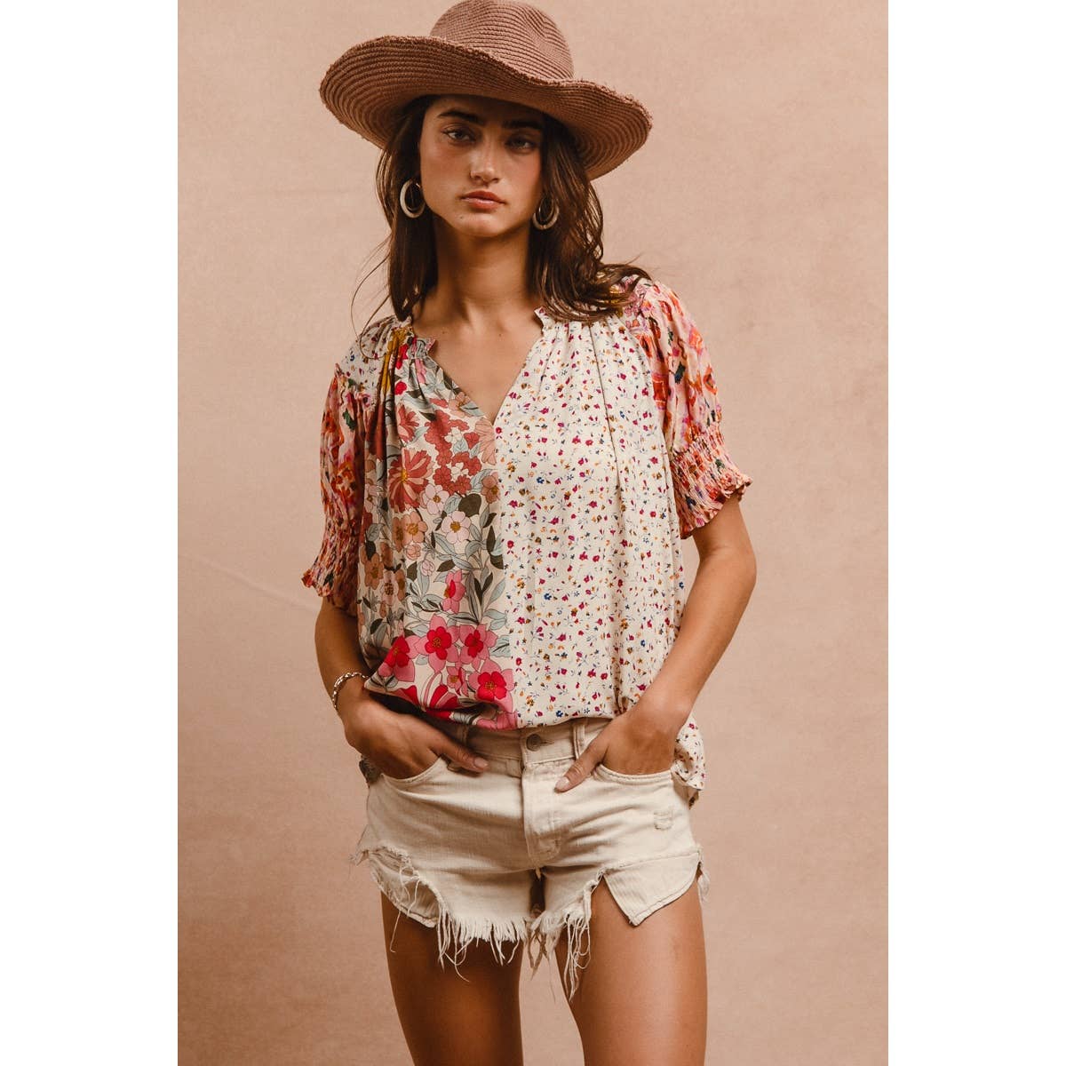 Woven Mixed Print Peasant Top