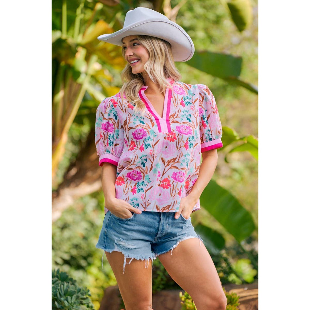 Flower Printed Woven Contrast Top
