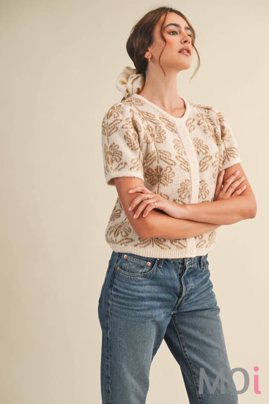 Floral Puff Sleeve Sweater Cardigan