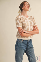 Floral Puff Sleeve Sweater Cardigan