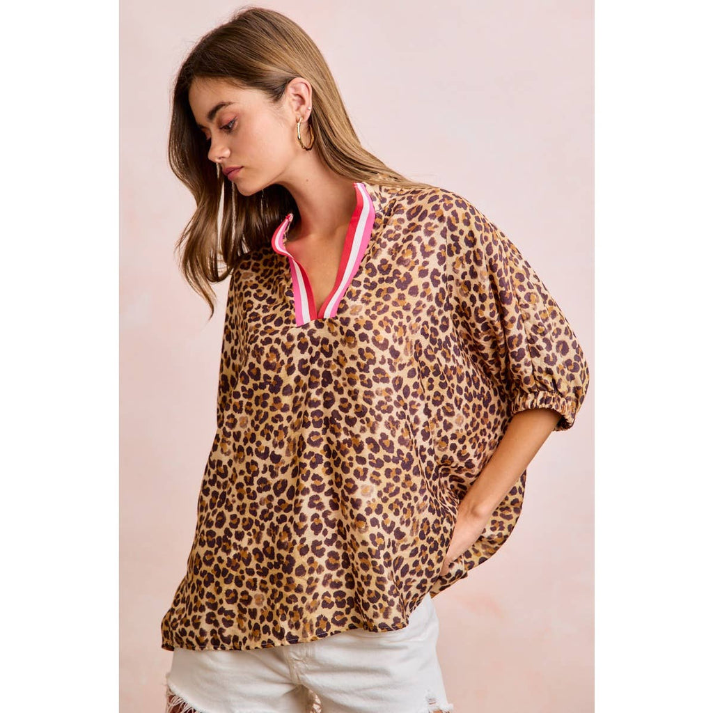 Leopard Print Contrast Banded Blouse