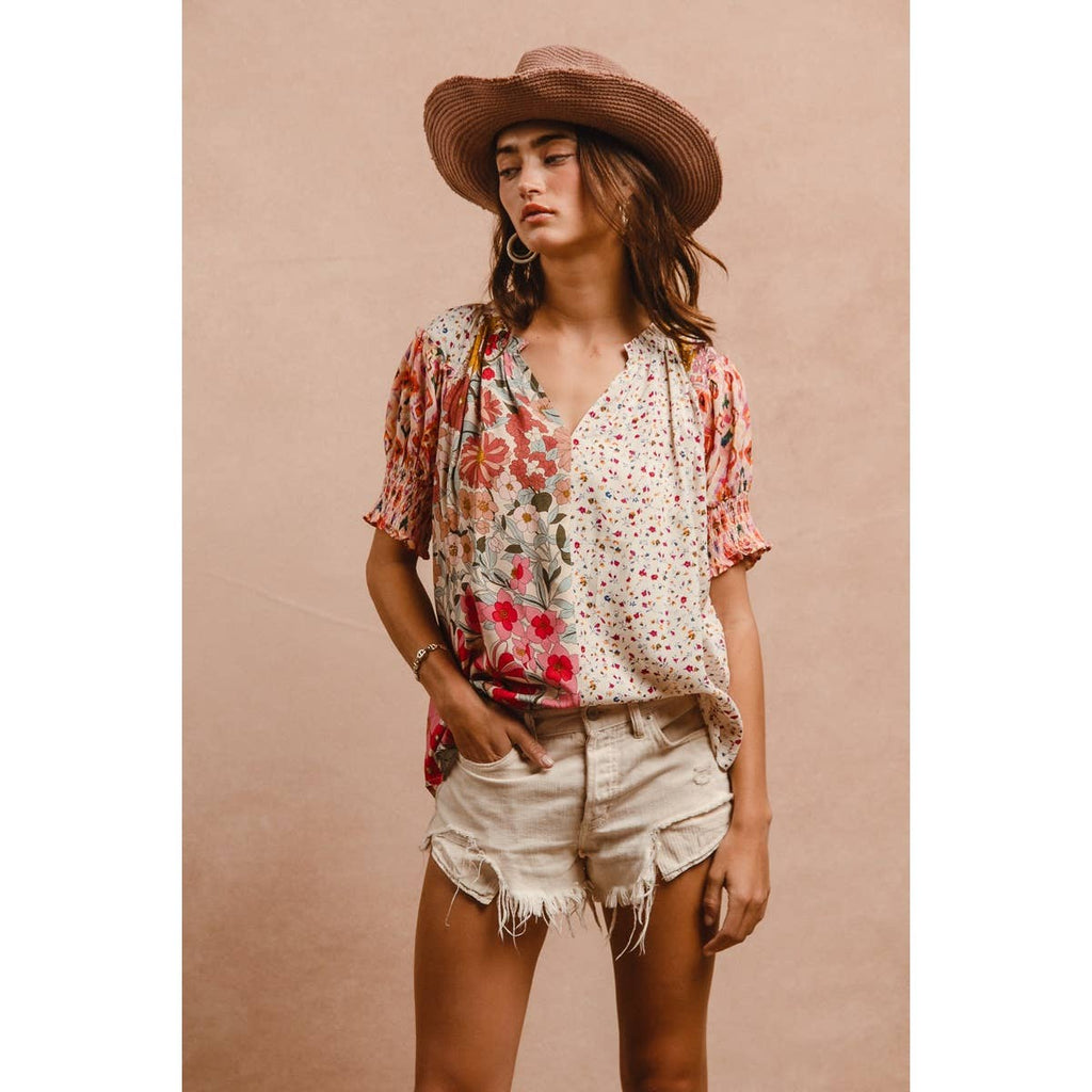 Woven Mixed Print Peasant Top