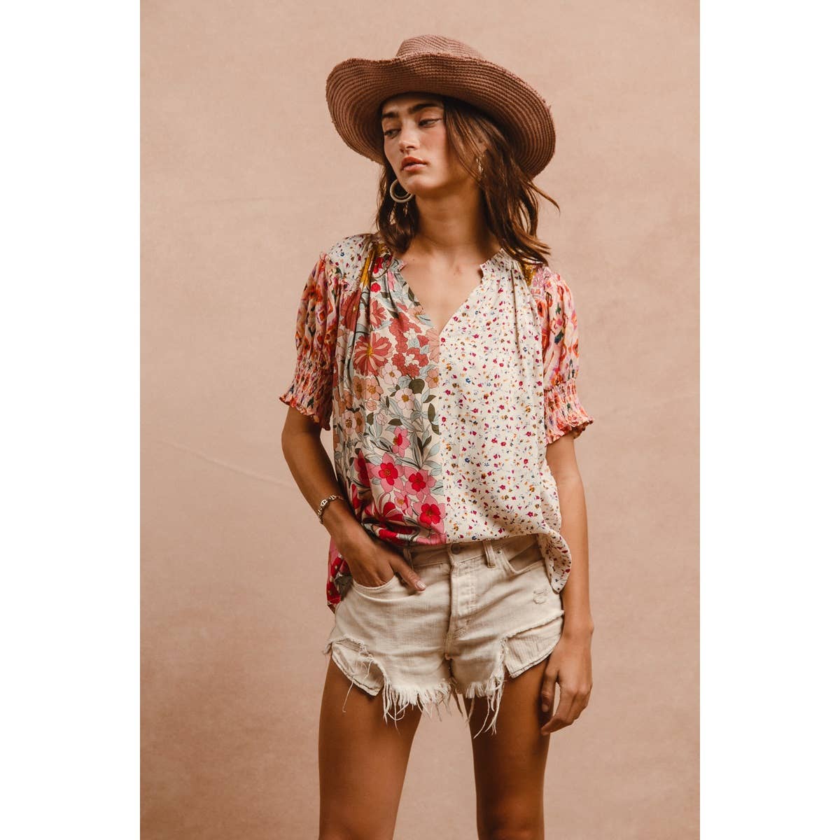 Woven Mixed Print Peasant Top