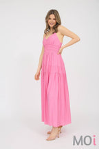 V NECK SHIRRED WAIST SLEEVELESS MIDI DRESS