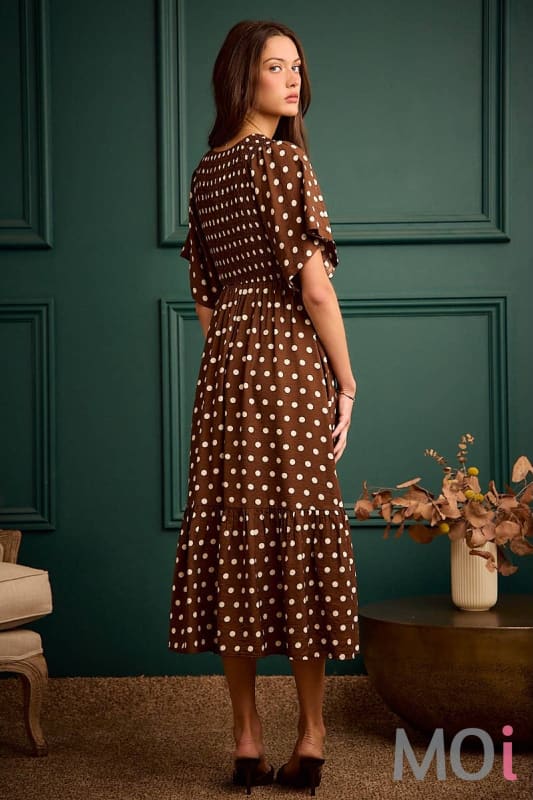 Polka Dot Smocked Bodice Midi Dress