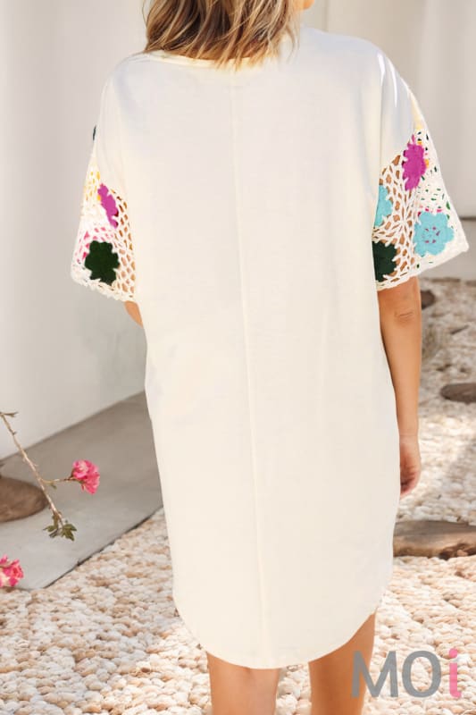 Floral Crochet Splicing Sleeve T Shirt Dress Apparel & Accessories
