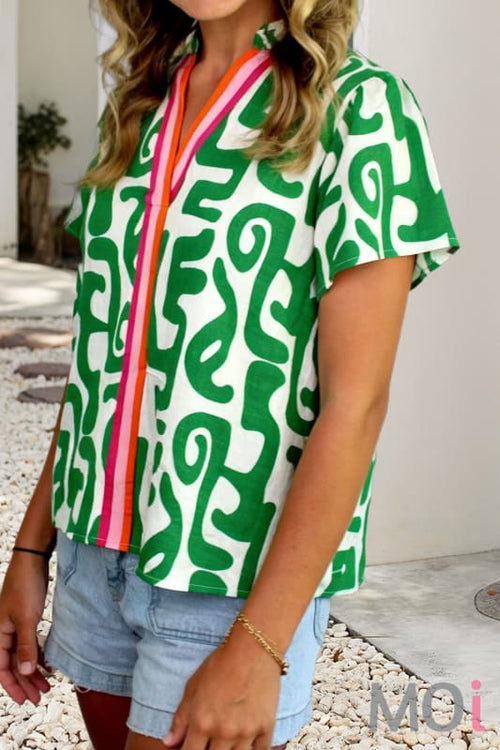 Abstract Print Striped Trim Top