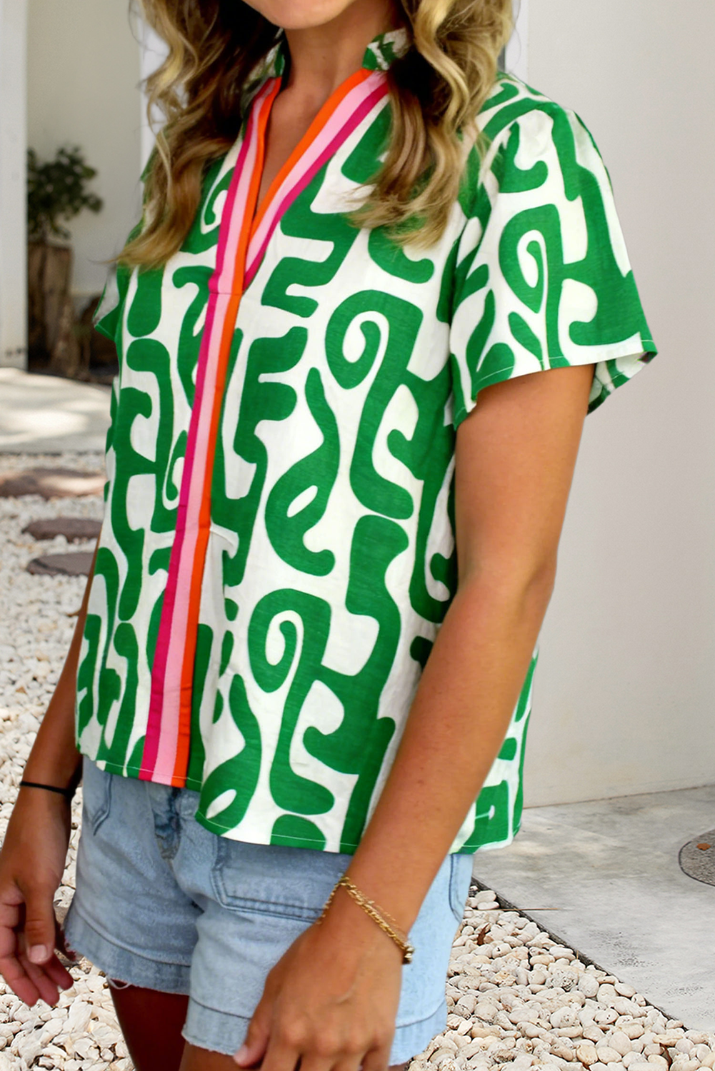 Abstract Print Striped Trim Top