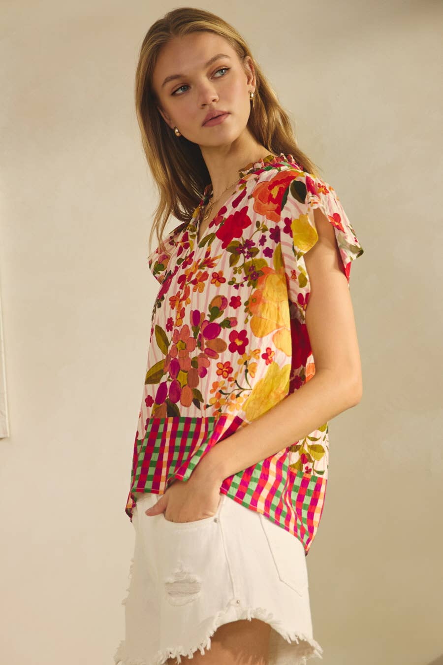 Floral Border Printed Flutter Sleeve Blouse