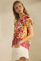 Floral Border Printed Flutter Sleeve Blouse