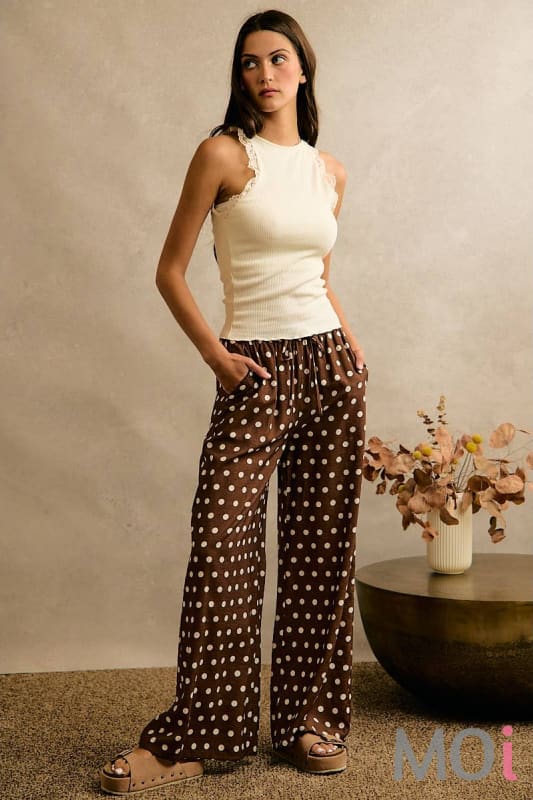 Polka Dot Elastic Waist Wide Pants