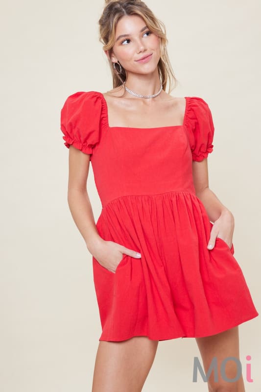 Puff Sleeve Baby Doll Romper Red