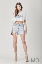RISEN Raw Hem Distressed High Rise Denim Shorts