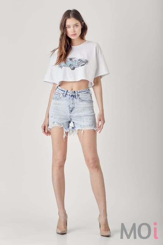 RISEN Raw Hem Distressed High Rise Denim Shorts