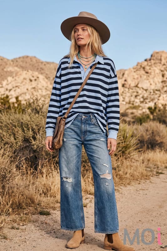 Oversized Stripe Rugby Polo Top
