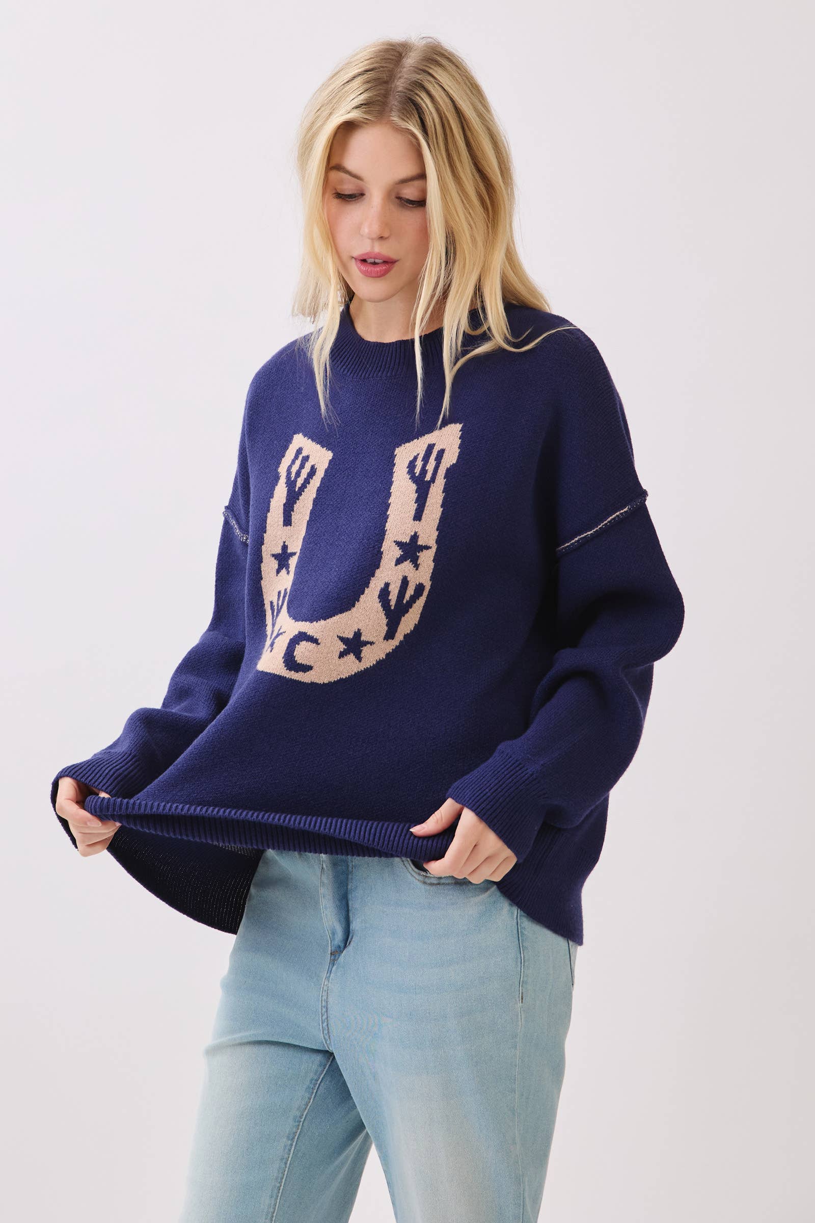 Western Horseshoe Cactus Knit Sweater