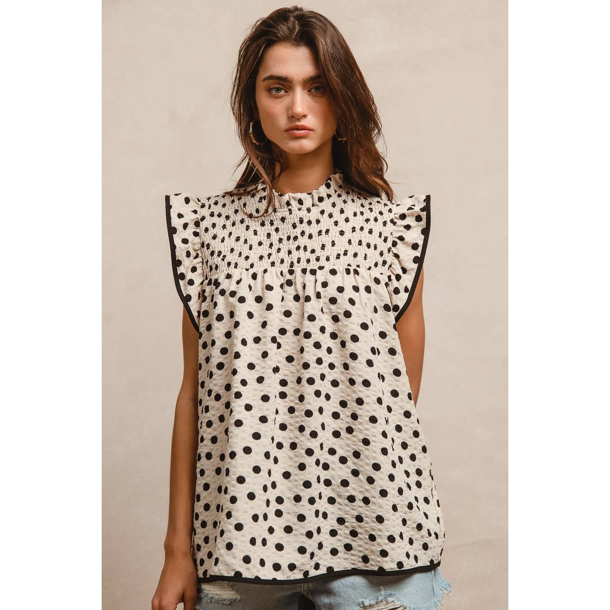 Dot Printed Smocked Yoke Top