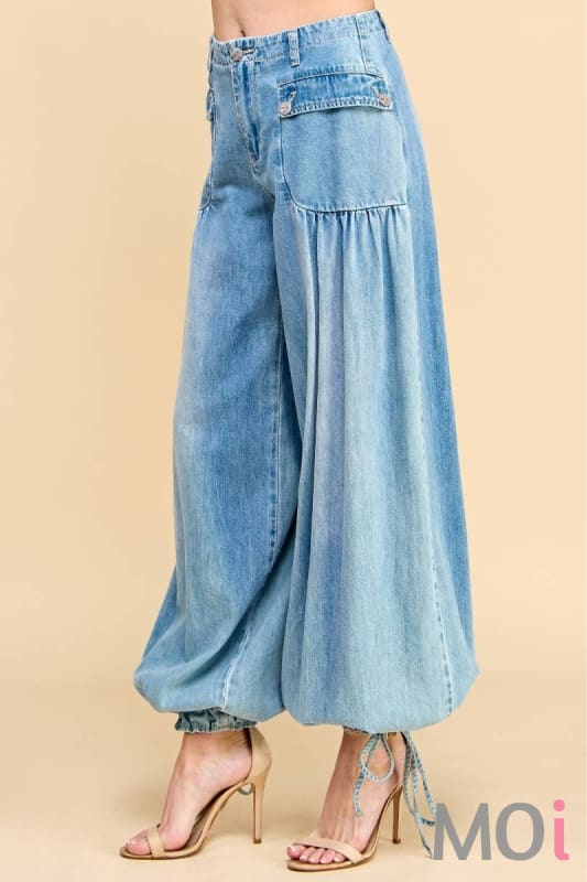 Ankle Drawstring Wide Denim Pants