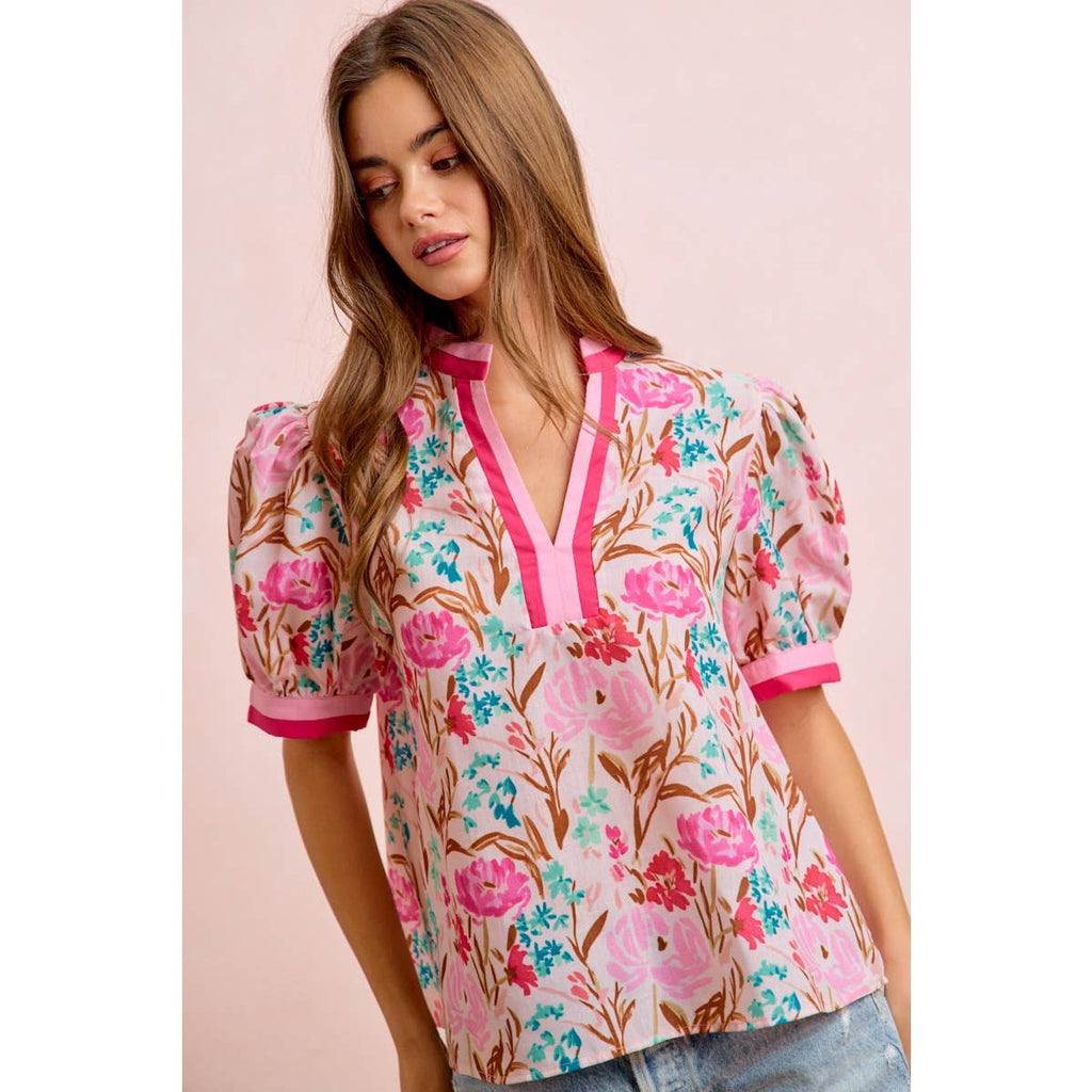 Flower Printed Woven Contrast Top