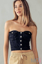 BUTTON FRONT DENIM CROP TUBE TOP