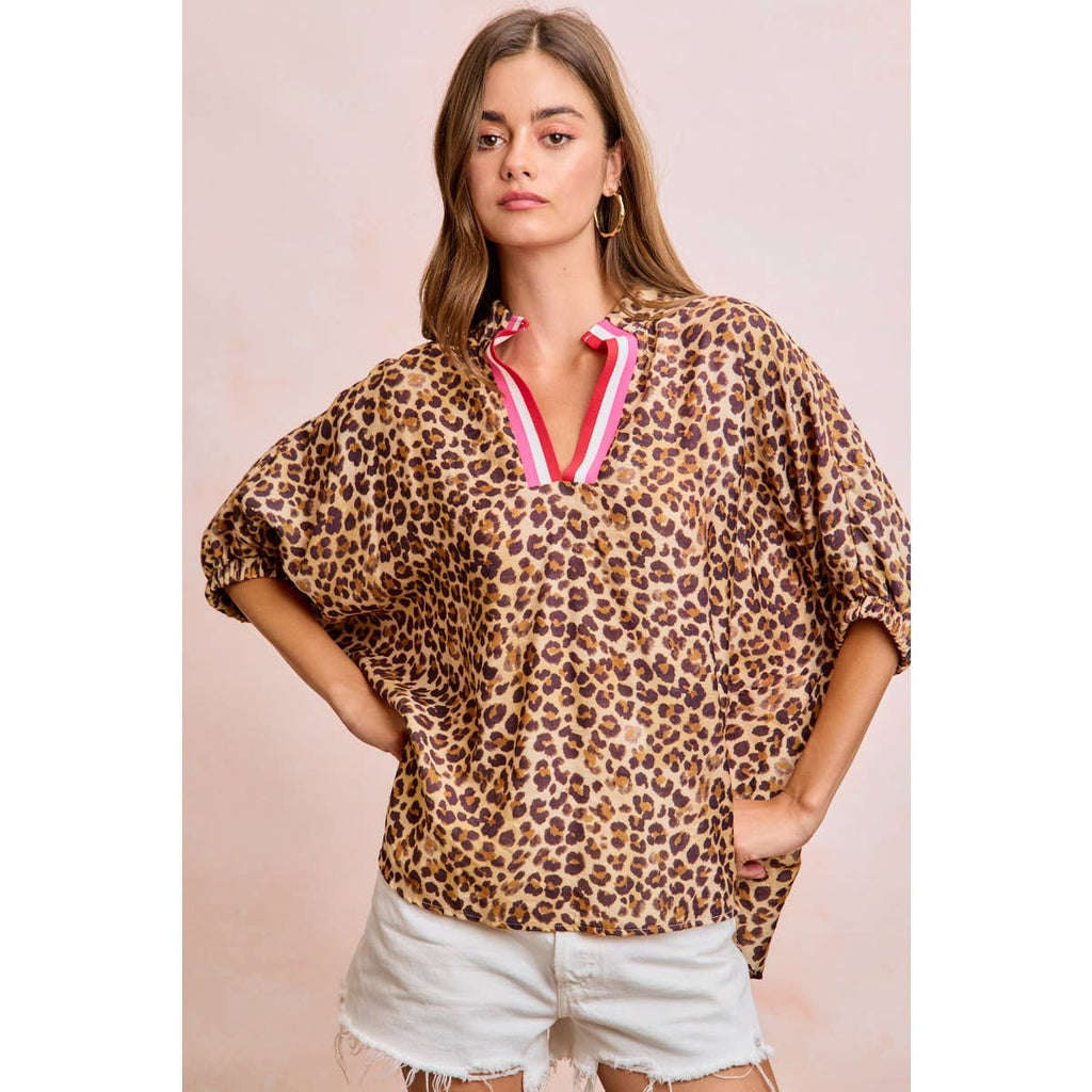Leopard Print Contrast Banded Blouse