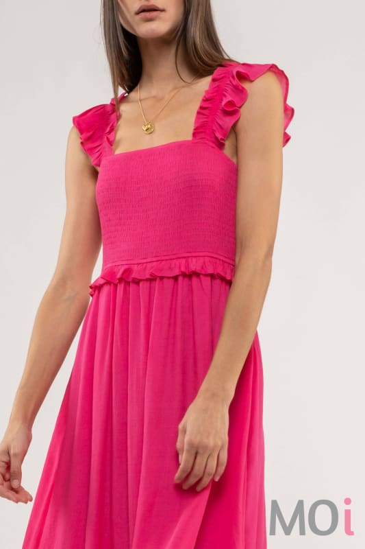 FLUTTER SLEEVE SMOCKED MIDI DRESS