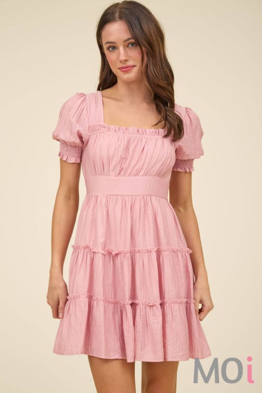 Square Neck Smocked Detail Tiered Mini Dress