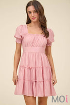 Square Neck Smocked Detail Tiered Mini Dress