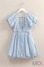 V-Neck Puff Sleeve Flowy Mini Dress