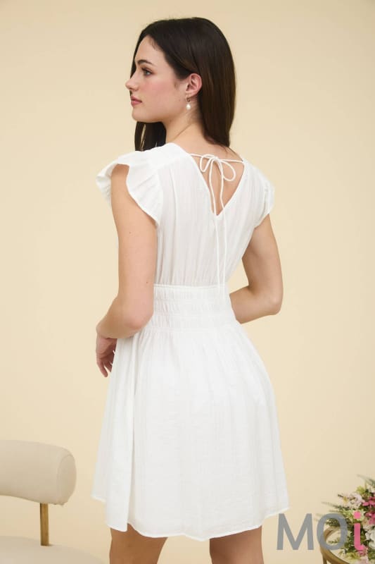 Shirred Waist Ruffle Sleeve Mini Dress