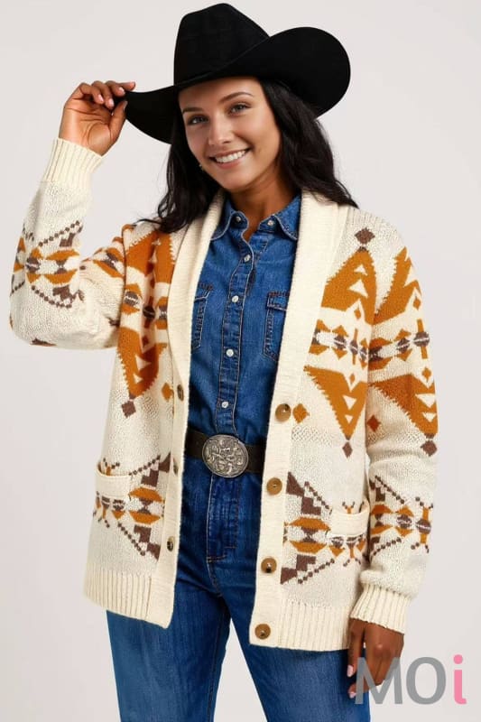 Vintage Western Aztec jacquard shawl-collar knit cardigan