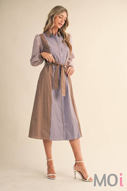 Mixed Stripe Belted Midi Dress