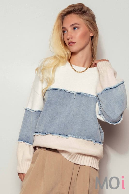Colorblock Distressed Denim Patchwork Knit Sweater