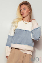 Colorblock Distressed Denim Patchwork Knit Sweater