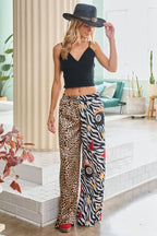 Leopard and Zebra Mixed Print Wide Leg Pants