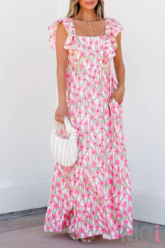 Floral Print Square Neck Ruffled Strap Maxi Dress