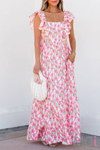 Floral Print Square Neck Ruffled Strap Maxi Dress
