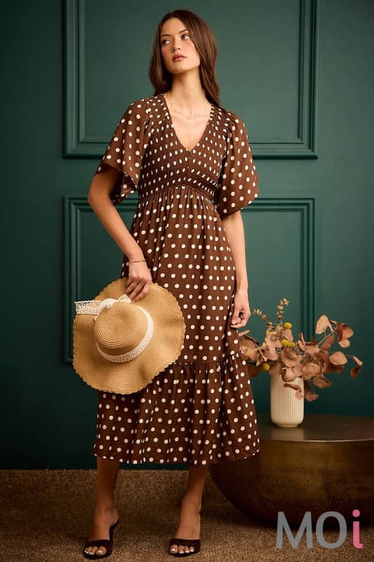 Polka Dot Smocked Bodice Midi Dress
