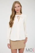 Necktie Long Sleeve Smocked Cuff Top